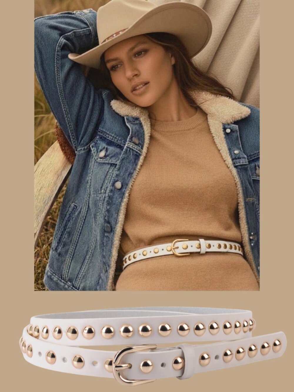 Most Wanted Leather Studded Skinny Belt Beige Gold Tone Hardware Western NWT
